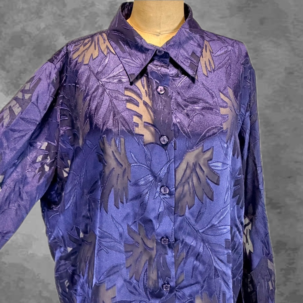 VINTAGE plum purple sheer cutout peek-a-boo blouse button down floral leaf 90s